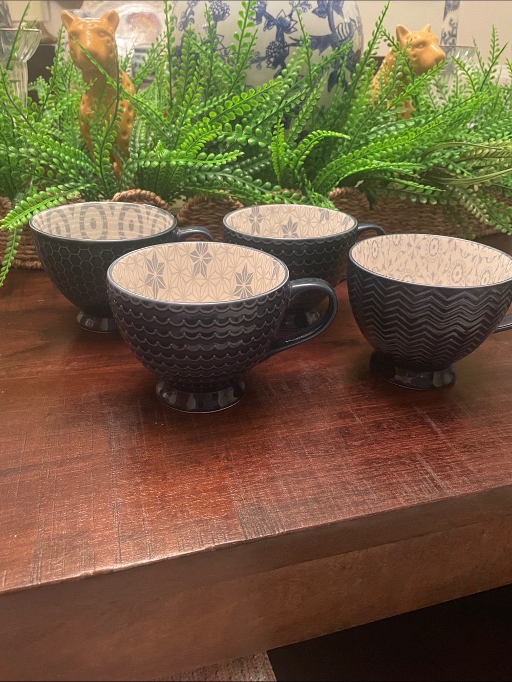 Signature Black and Cream Patterned Footed Mugs Set of 4